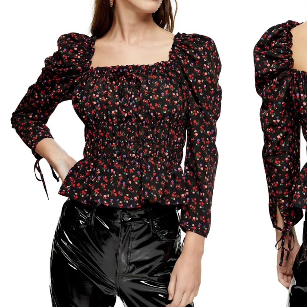 Topshop prairie top - black multi floral